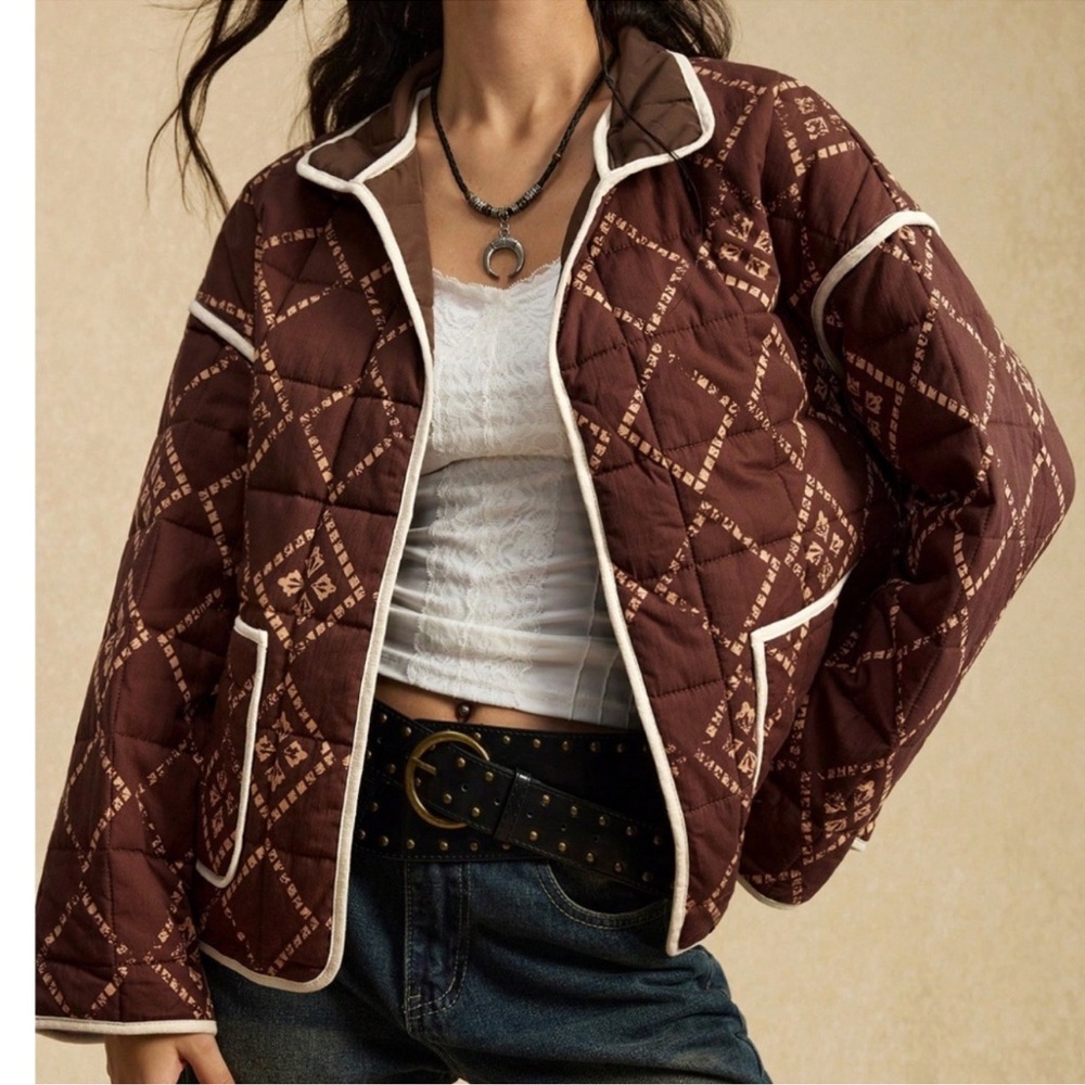 Bohemian Brown Geo Print Open Front Quilted Jacket Coat XS S M L XL